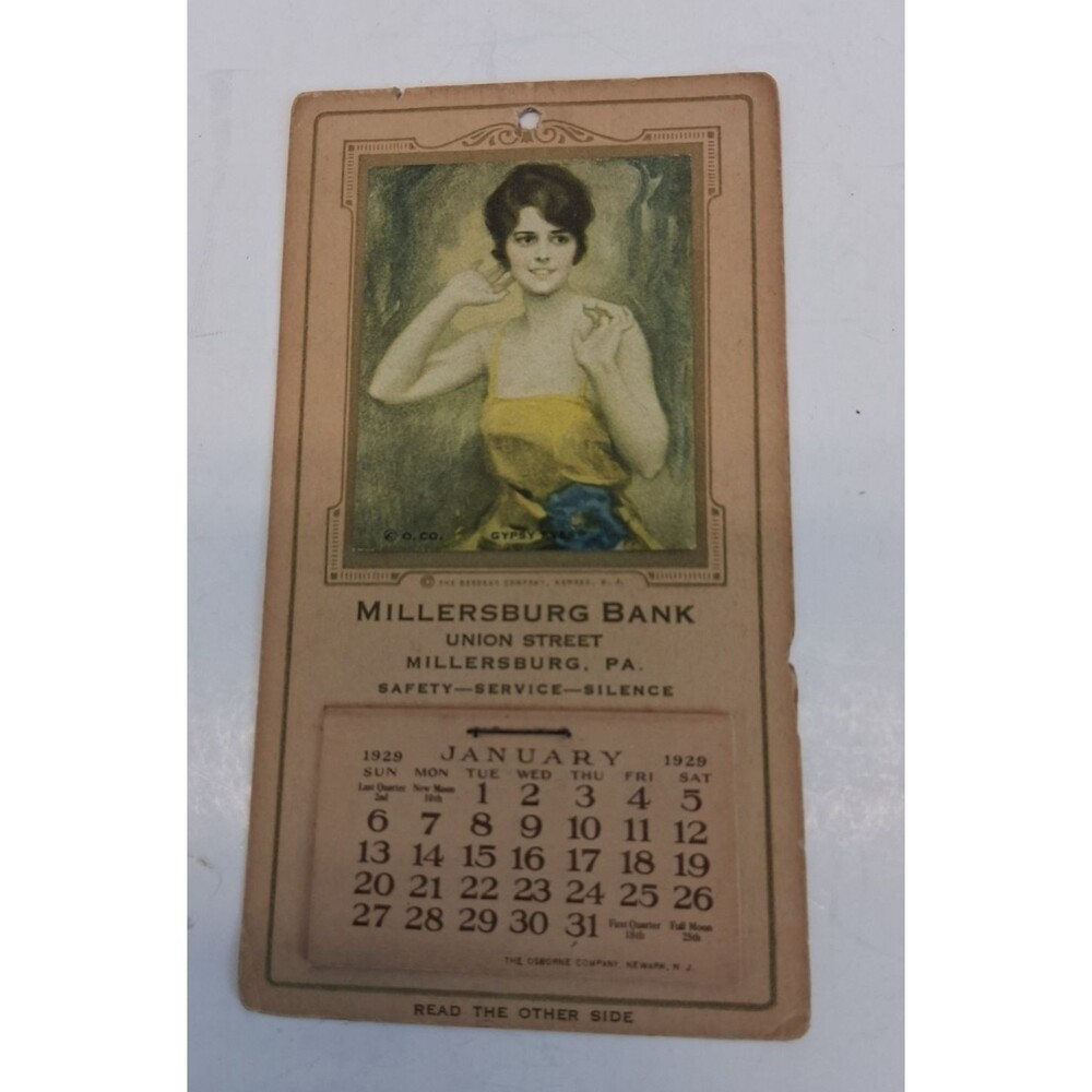 1929 Millersburg Bank PA Advertising Calendar Gypsy Eyes Osborne Co.  Lithograph